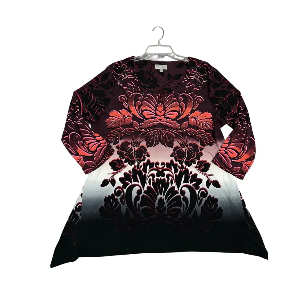JM Collection Womens XL Floral Ombre Rhinestone Sharkbite Tunic Top Plum Black - Picture 6 of 8